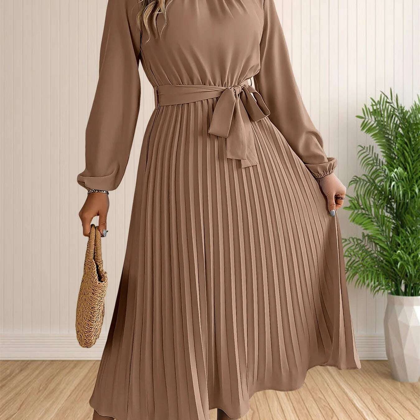 Elegant Pleated Lace-Up Long Sleeve A-Line Sundress
