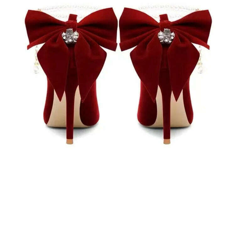 Red Xiuhe wedding shoes new pointy stiletto high heels female shallow mouth bow pearl one word buckle strap two wear bride shoes