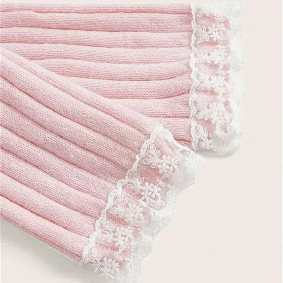 Grunge Off-Shoulder Knit Sweater: Pink, Bow Lace Y2K Jumper - D&M Boutique