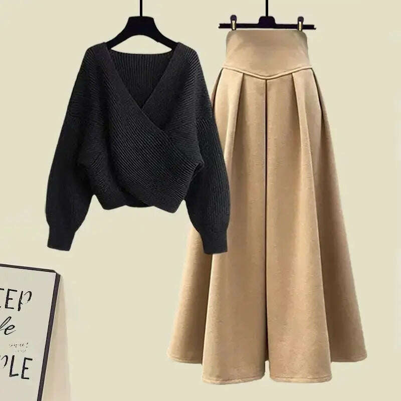 Fall Winter Women’s Knitted Sweater & Pleated Skirt Set - D&M Boutique
