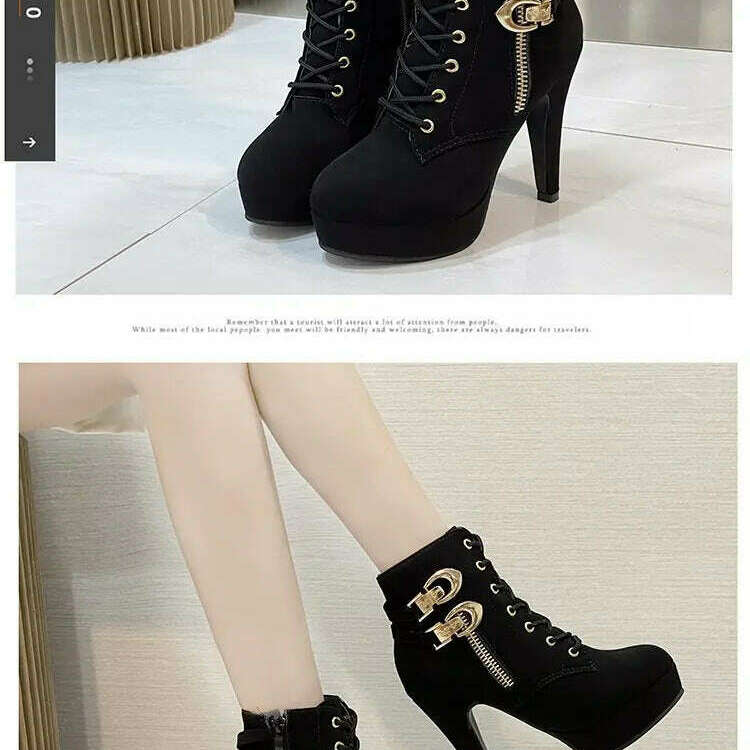 Chunky Heeled Ankle Boots - Metal Decor, Lace-Up Platform