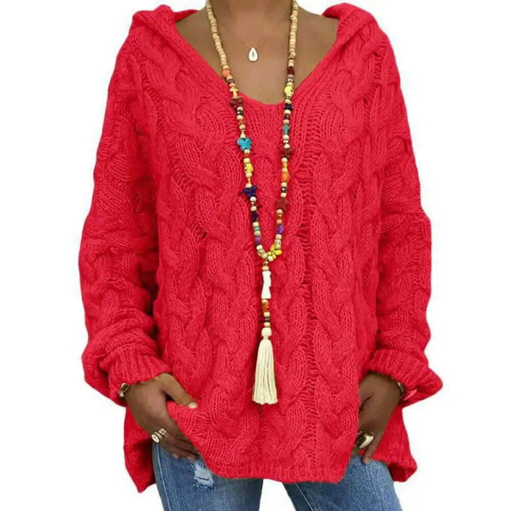 Hooded V-Neck Twist Knitted Hoodie: Autumn/Winter Loose Sweater - D&M Boutique