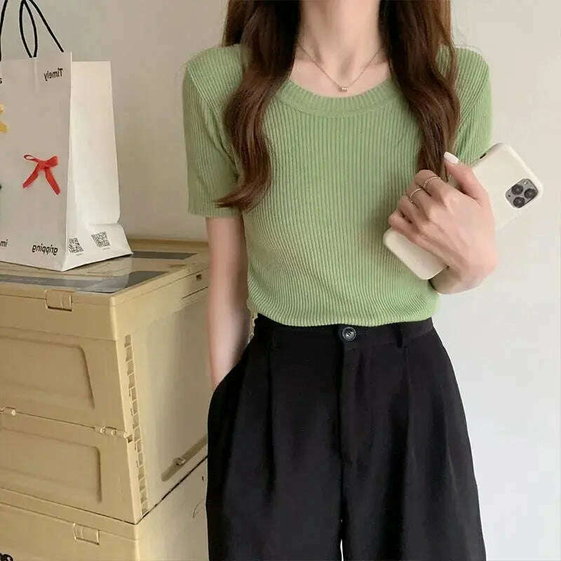 Knit Slim Short Sleeve T-Shirt: White/Green Crop Top - D&M Boutique