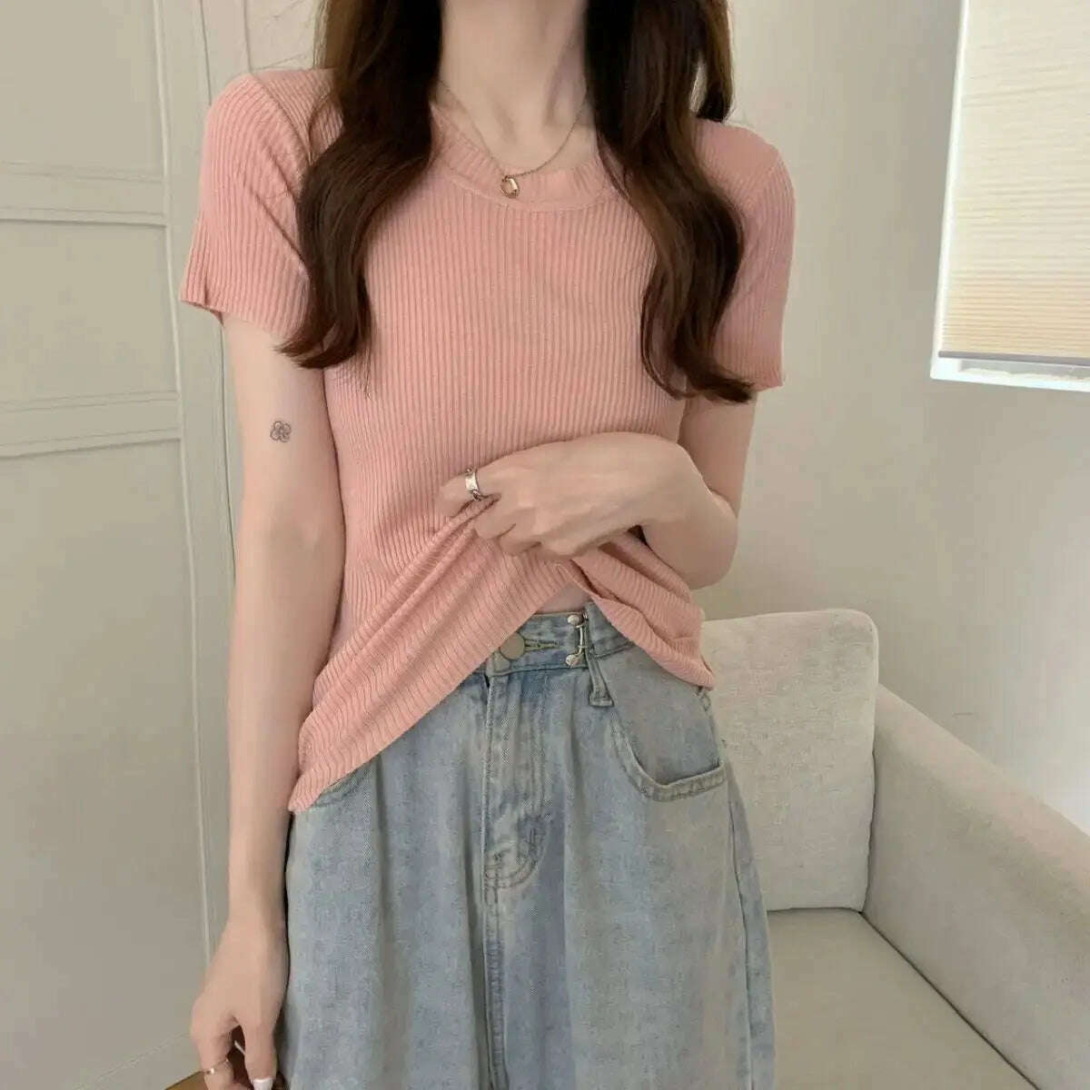 Knit Slim Short Sleeve T-Shirt: White/Green Crop Top - D&M Boutique