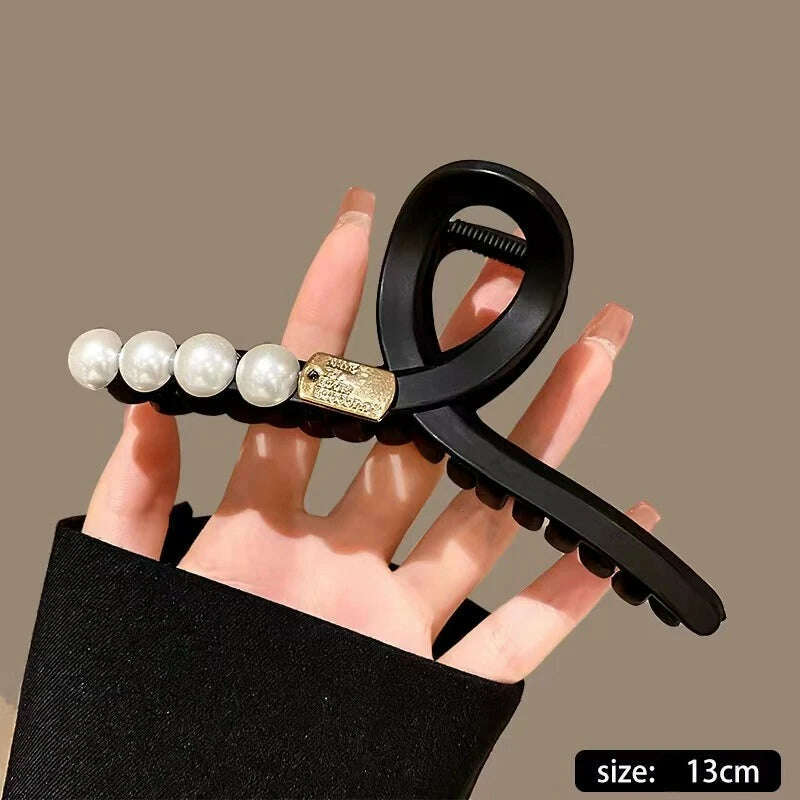 13cm Black Frosted Shark Hair Claw Clip with Pearl Detail