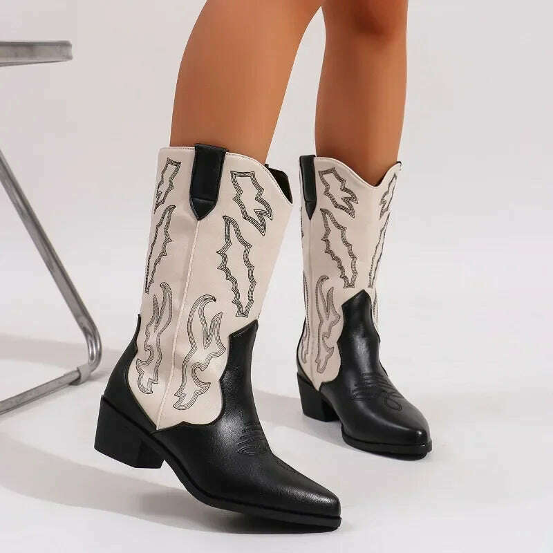 Women's Embroidered Slip-On Mid-Calf Boots