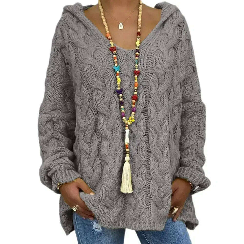 Hooded V-Neck Twist Knitted Hoodie: Autumn/Winter Loose Sweater - D&M Boutique