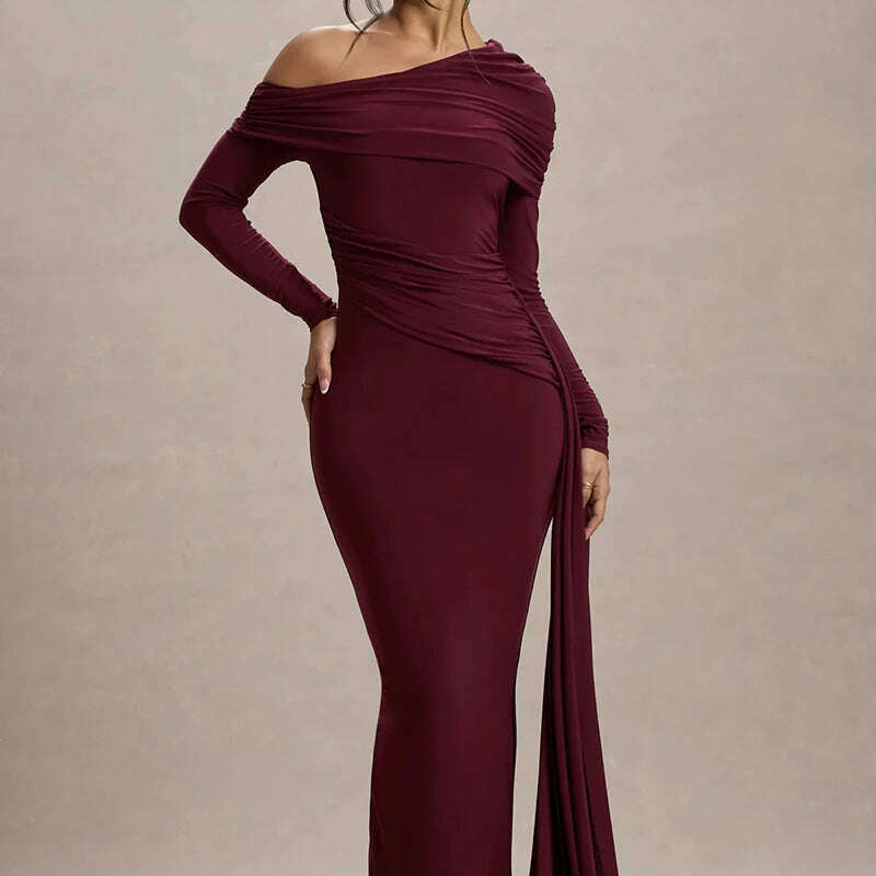 Mozision Skew Collar Long Sleeve Maxi Dress