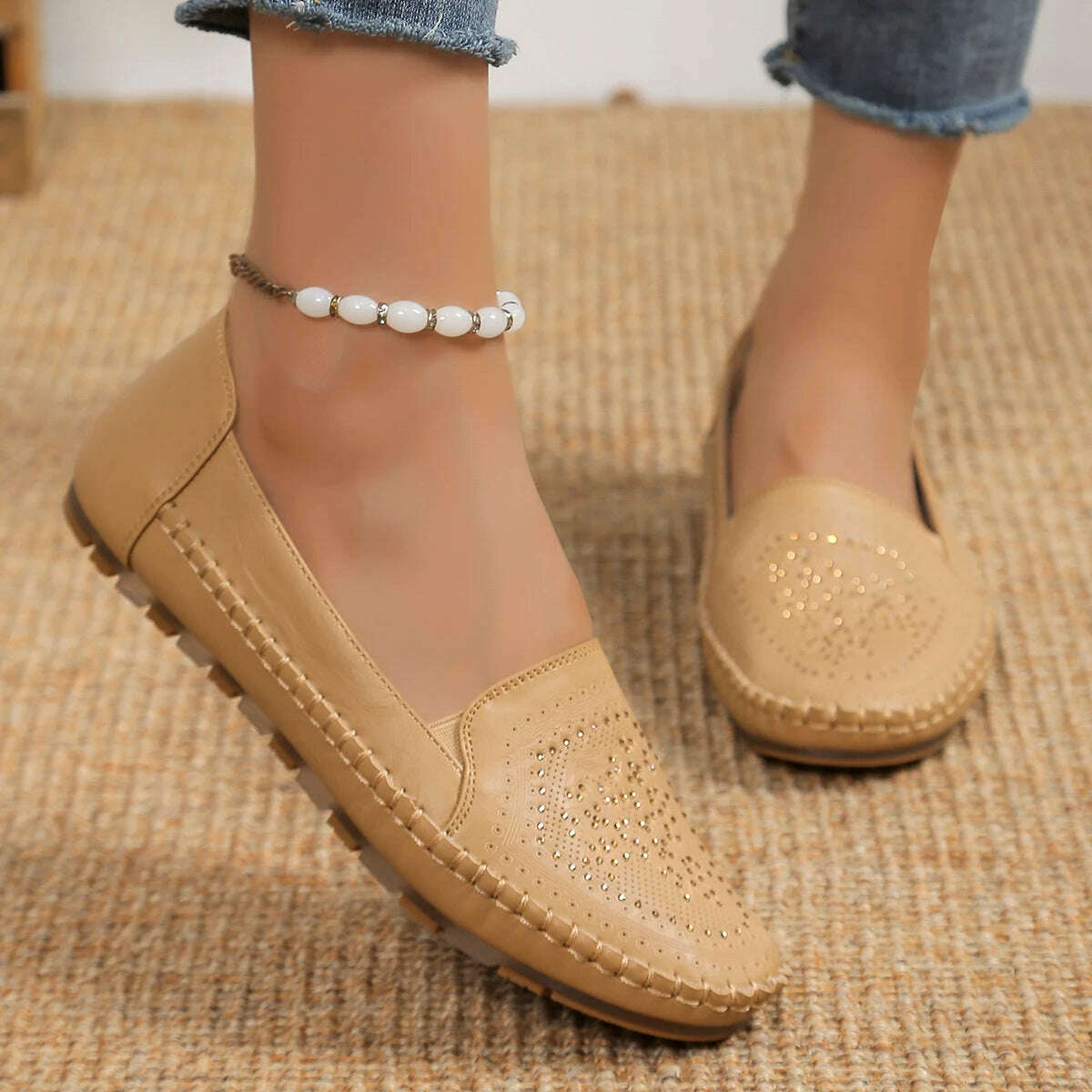 Elegant Crystal Ballerina Flats - Soft Leather Slip-On Mules