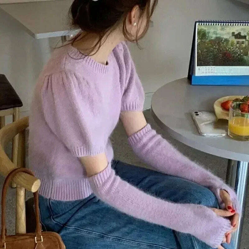 Neploe Korean Office Sweater: O-Neck, Short Sleeve, Solid Color Pullover - D&M Boutique