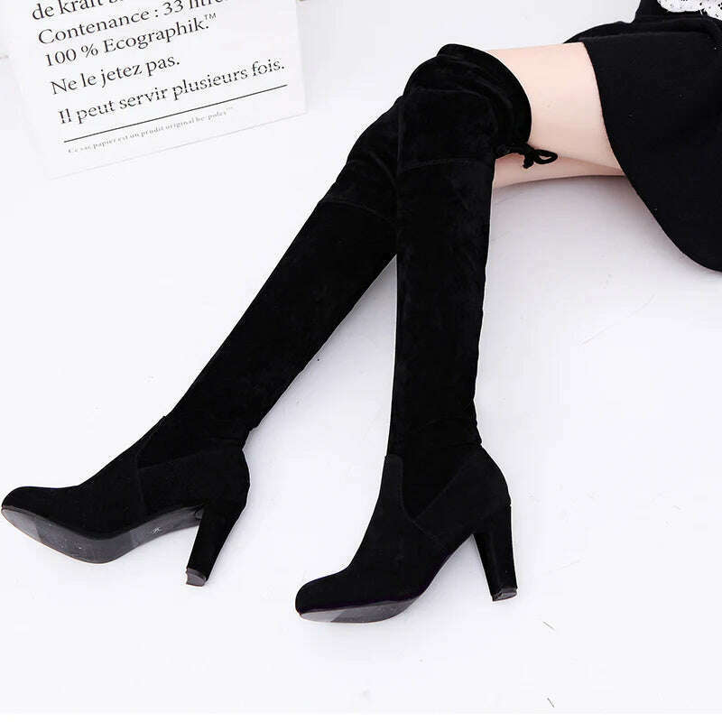 LINLING Faux Suede Over-the-Knee Lace-Up Boots