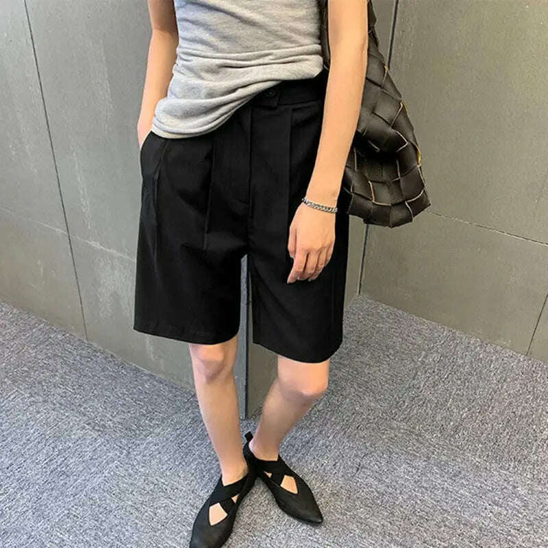 Korean Office Suits Shorts – High Waist, Double-Button, Knee-Length