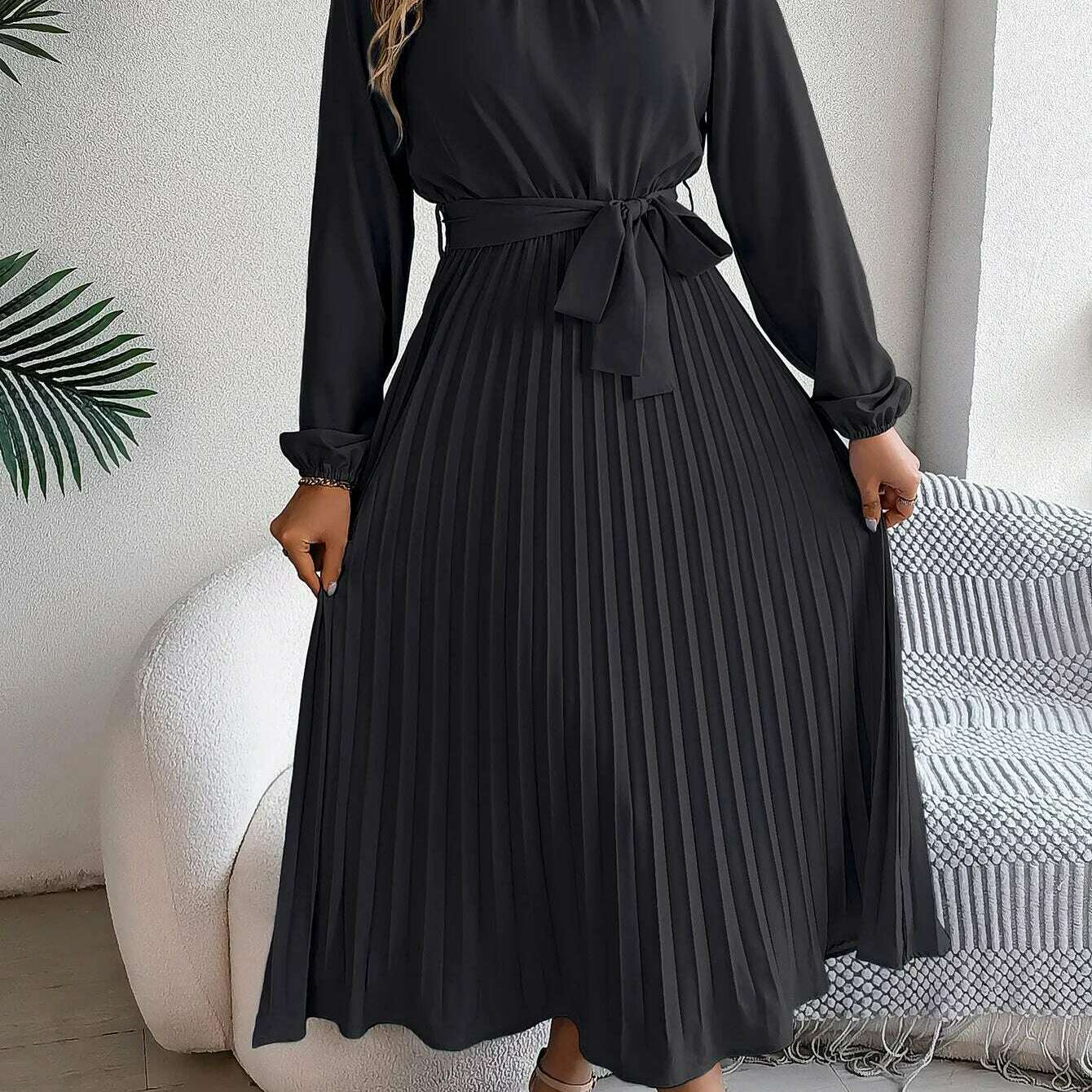 Autumn & Winter Pleated Stand-Up Collar Midi Dress