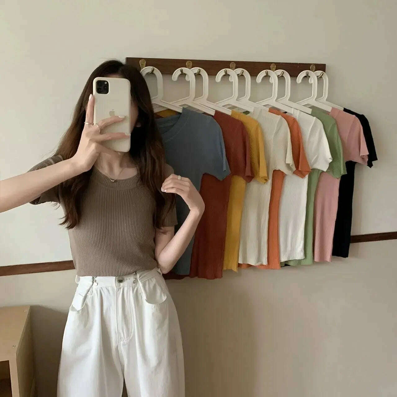 Knit Slim Short Sleeve T-Shirt: White/Green Crop Top - D&M Boutique