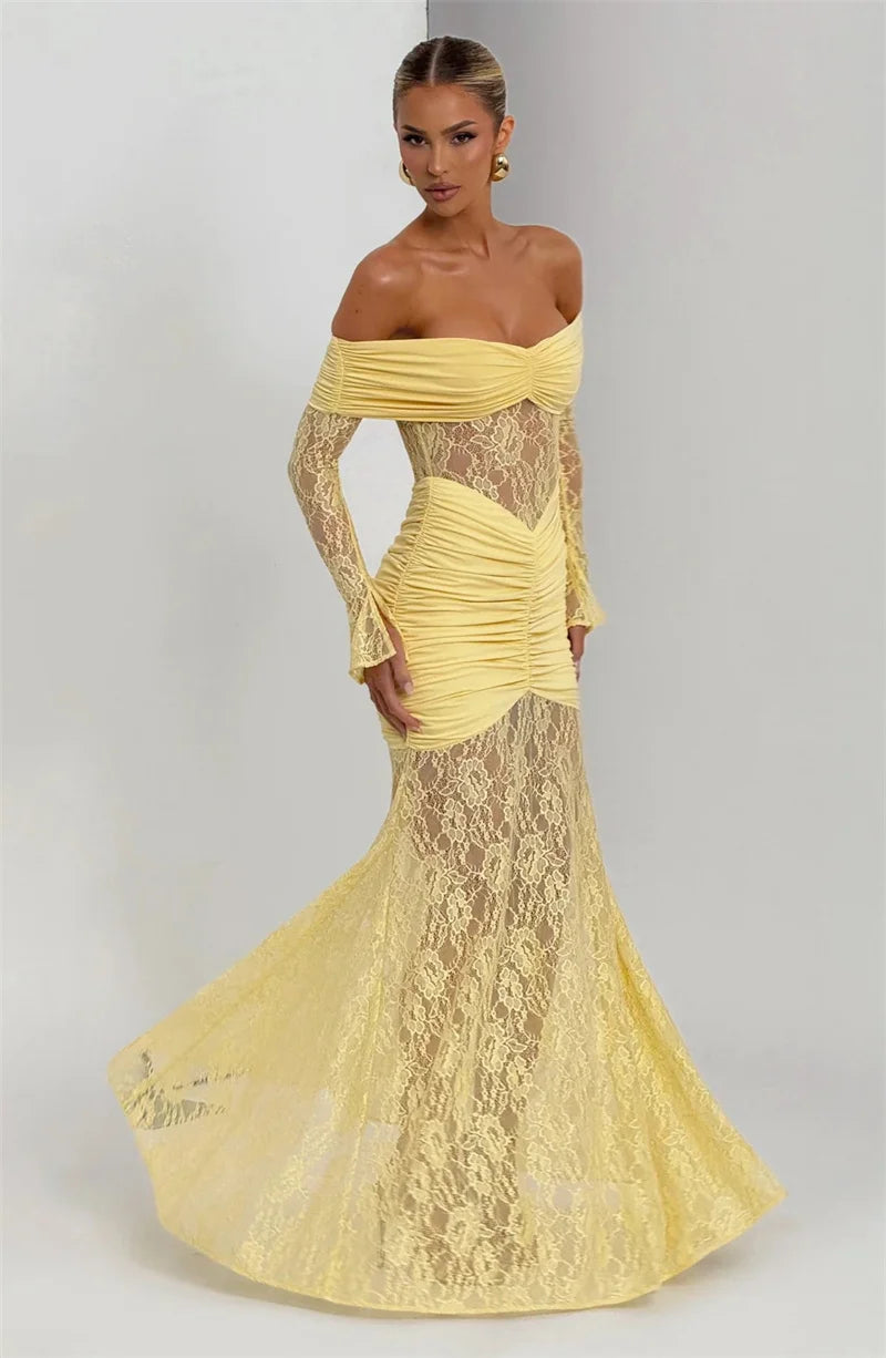 Mozision Off-shoulder Long Sleeve Sexy Maxi Dress Women Fashion Lace See Through Strapless Backless Bodycon Club Party Dresses