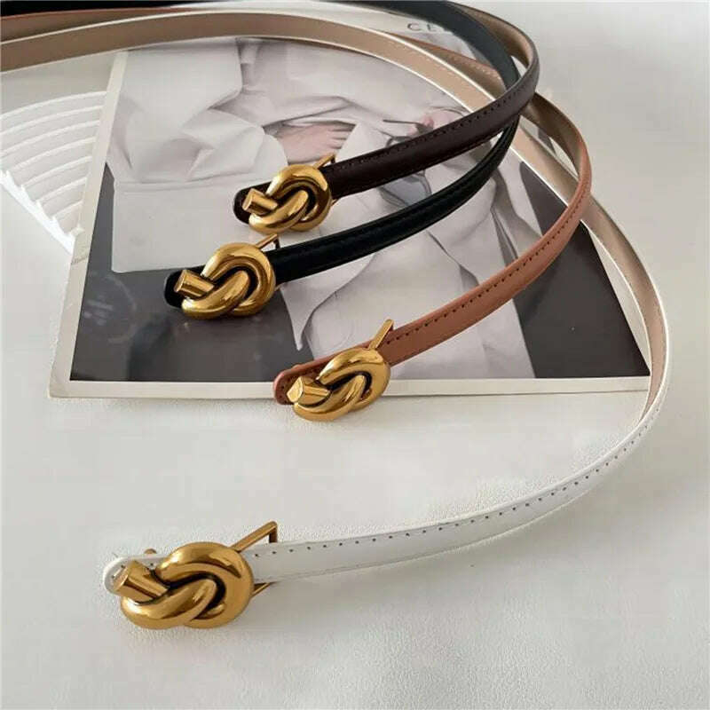 Adjustable Thin Genuine Leather Belt with Metal Knot Buckle