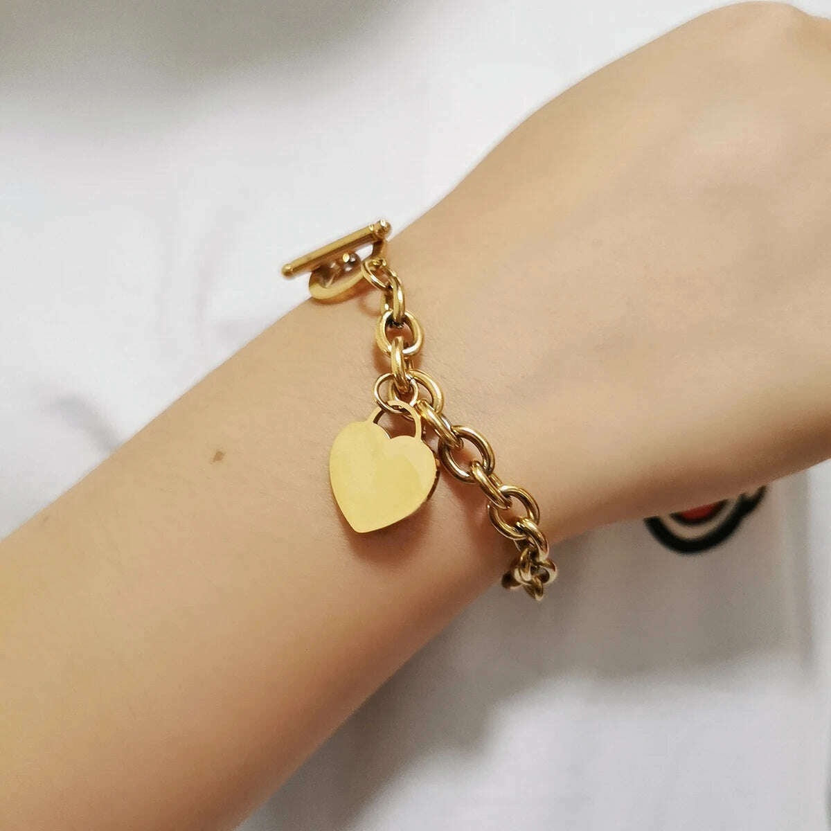 Classic Stainless Steel Toggle Bracelets Thick Chain Love Heart Charm Bracelet For Women Girls New Bracelets Trendy Jewelry