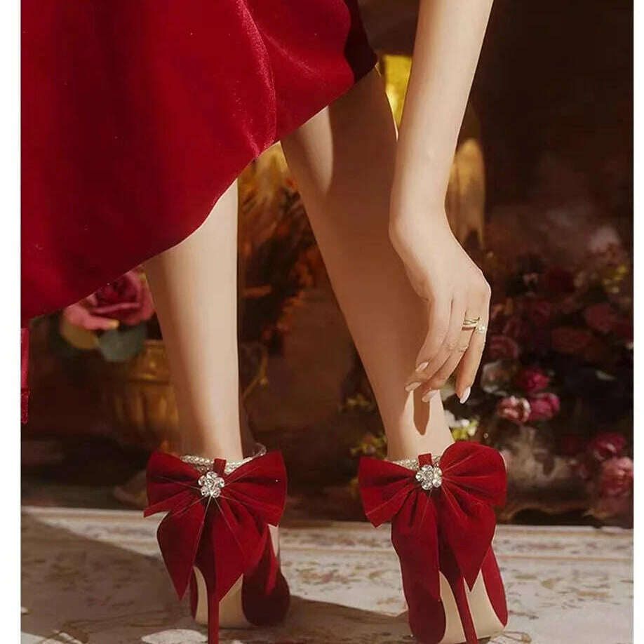 Red Xiuhe wedding shoes new pointy stiletto high heels female shallow mouth bow pearl one word buckle strap two wear bride shoes