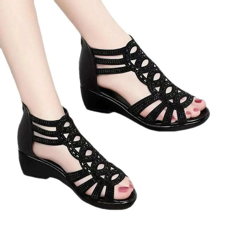 Soft Leather Roman Sandals - Chunky Heel Wedge Shoes