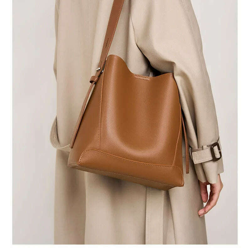 Minimalist Brown Leather Bucket Bag - Sleek and Structured