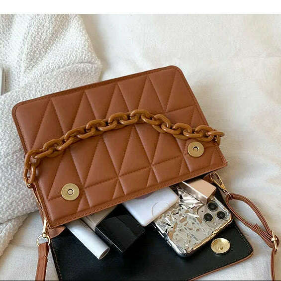 Plaid Square Crossbody Bag with Chain - Stylish & Compact