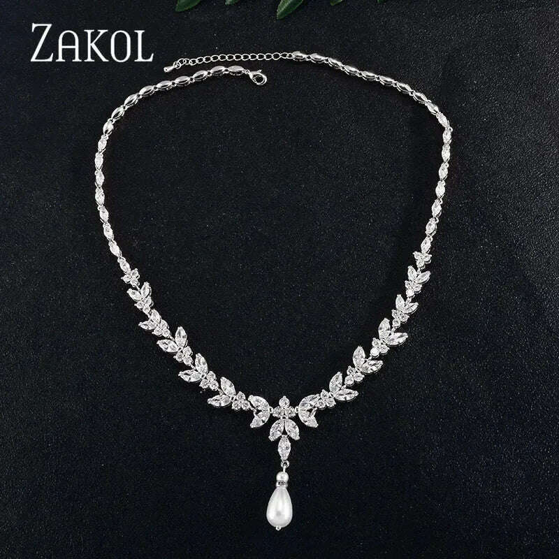 ZAKOL Luxury Exquisite Marquise Cut Cubic Zircon Leaf Necklaces For Women Fashion Bridal Wedding Party Jewelry Accessories