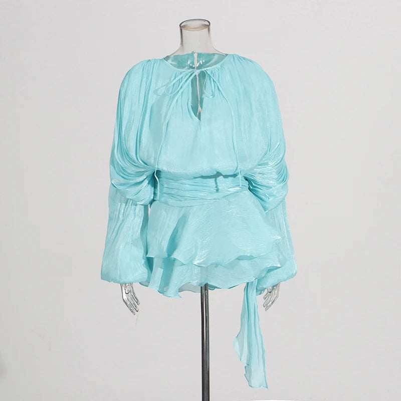 VGH Minimalist Solid Loose Short Dresses For Women Round Neck Long Sleeve High Waist Spliced Lace Up Chic Dress Female Fashion