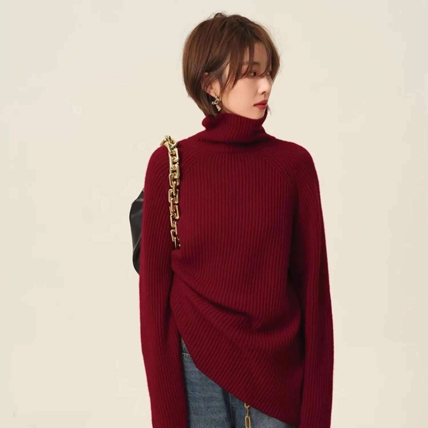100% Cashmere Turtleneck Sweater – Loose Long Sleeve - D&M Boutique