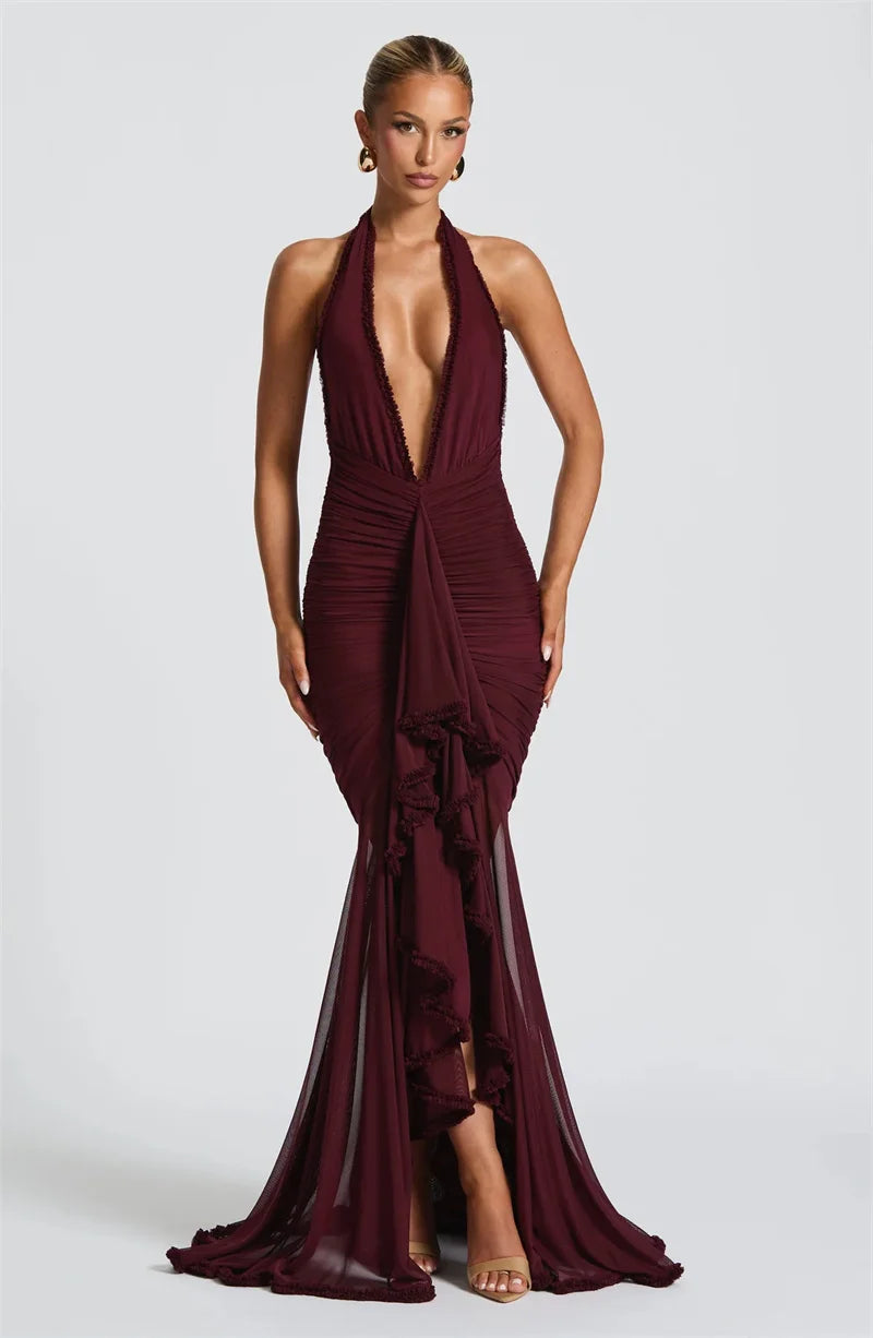 Mozision Elegant Halter Deep V Neck Sexy Maxi Dress Women Fashion Sleeveless Backless Ruched Evening Club Party Long Dress