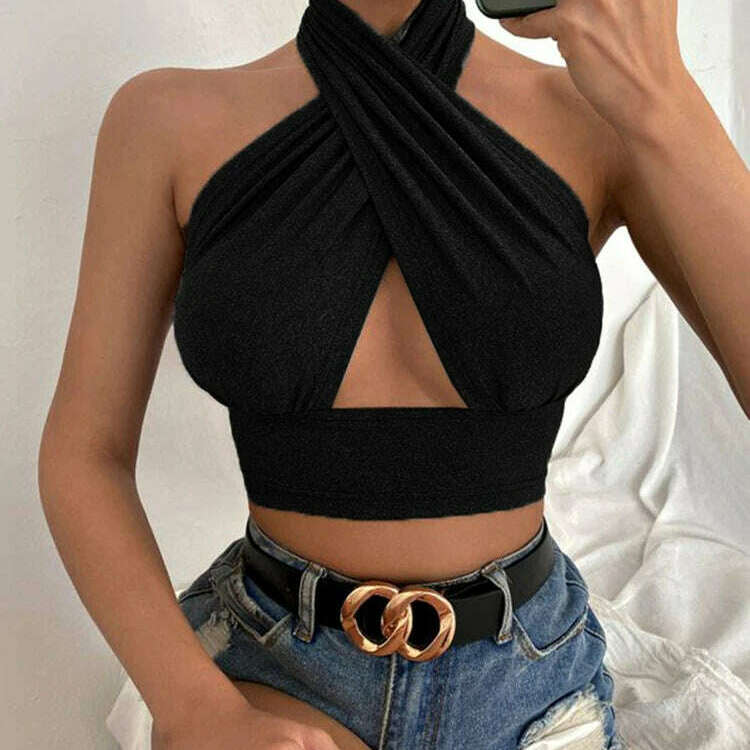 Cross Halter Tank – Push-Up, Hollow Sleeveless Top - D&M Boutique