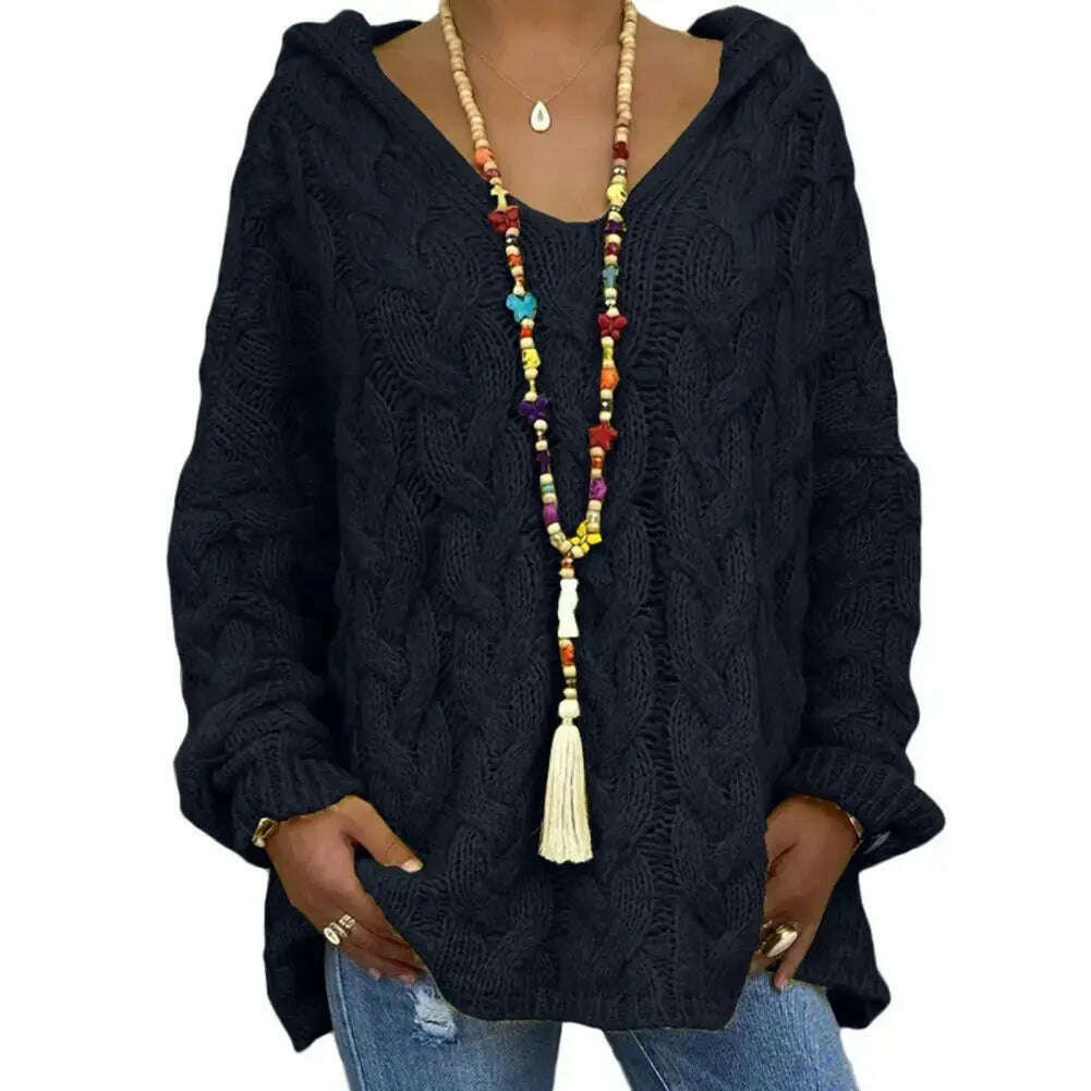 Hooded V-Neck Twist Knitted Hoodie: Autumn/Winter Loose Sweater - D&M Boutique