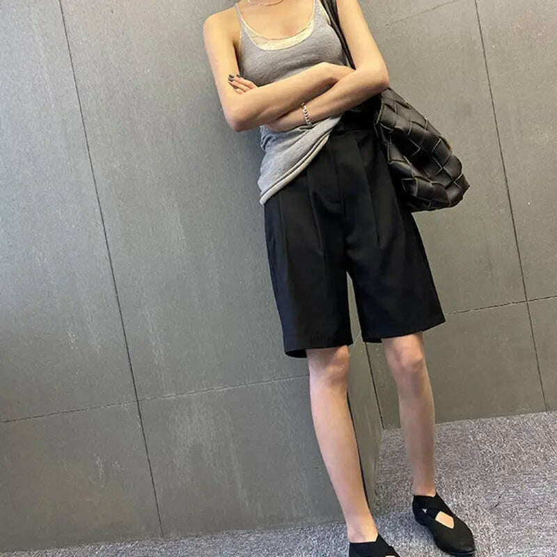 Korean Office Suits Shorts – High Waist, Double-Button, Knee-Length