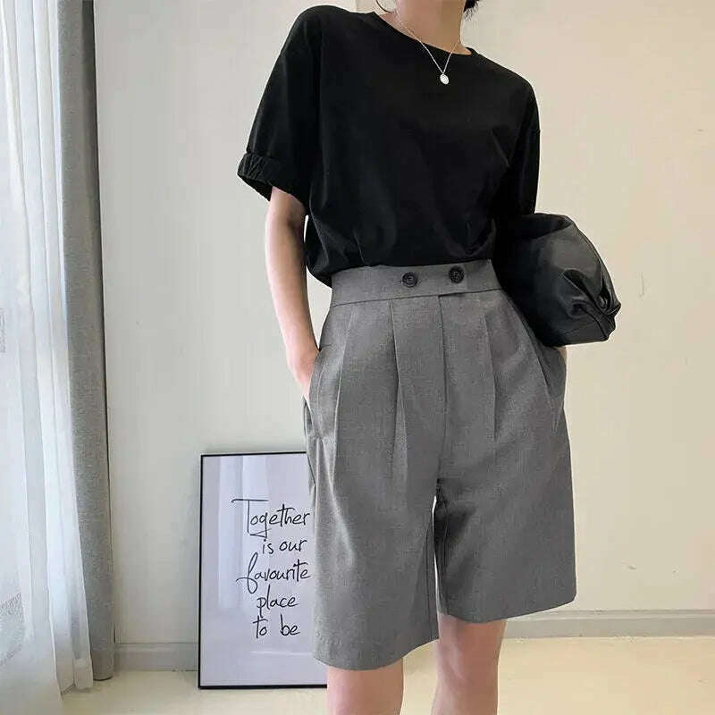 Korean Office Suits Shorts – High Waist, Double-Button, Knee-Length