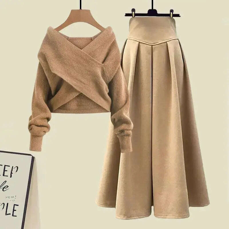 Fall Winter Women’s Knitted Sweater & Pleated Skirt Set - D&M Boutique