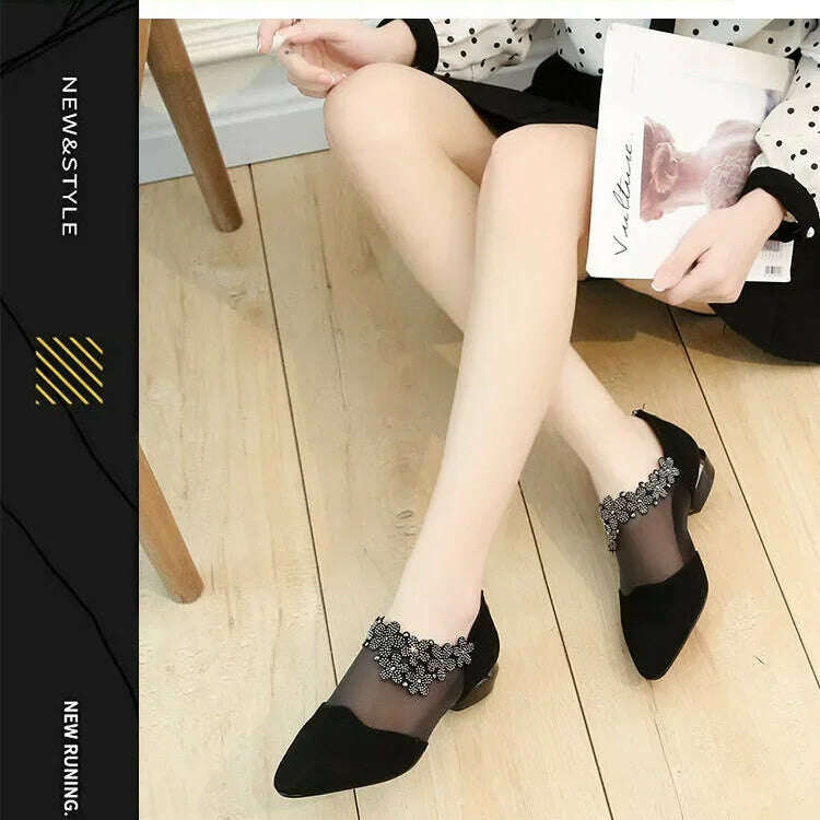 2024 Summer Black Lace Rhinestone Sandals - Low Heel & Floral