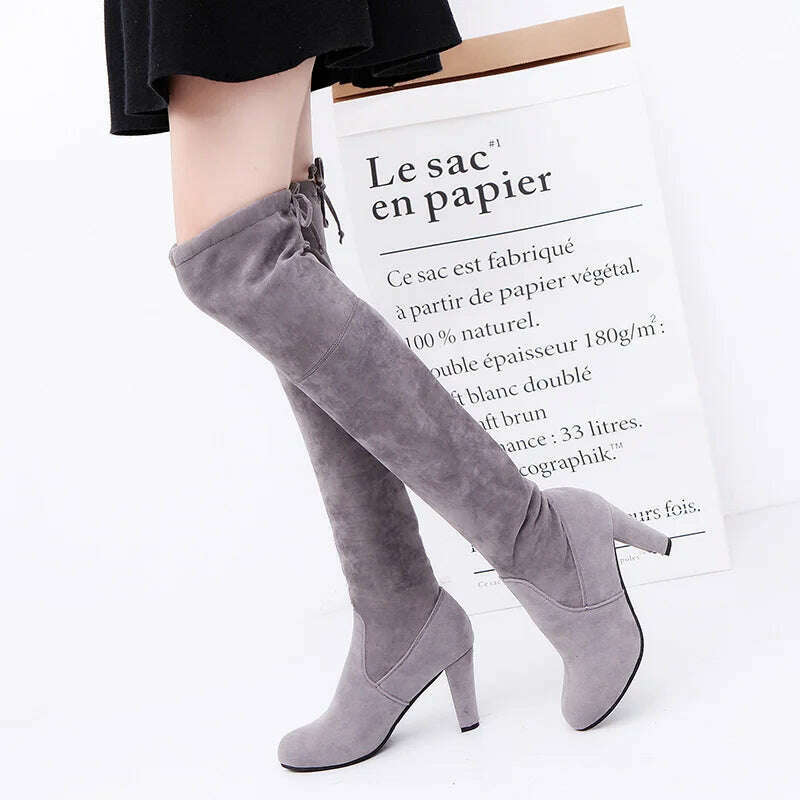 LINLING Faux Suede Over-the-Knee Lace-Up Boots