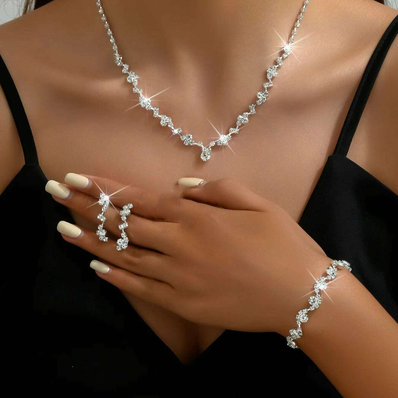 TREAZY Rose Gold Rhinestone Wedding Jewelry Set
