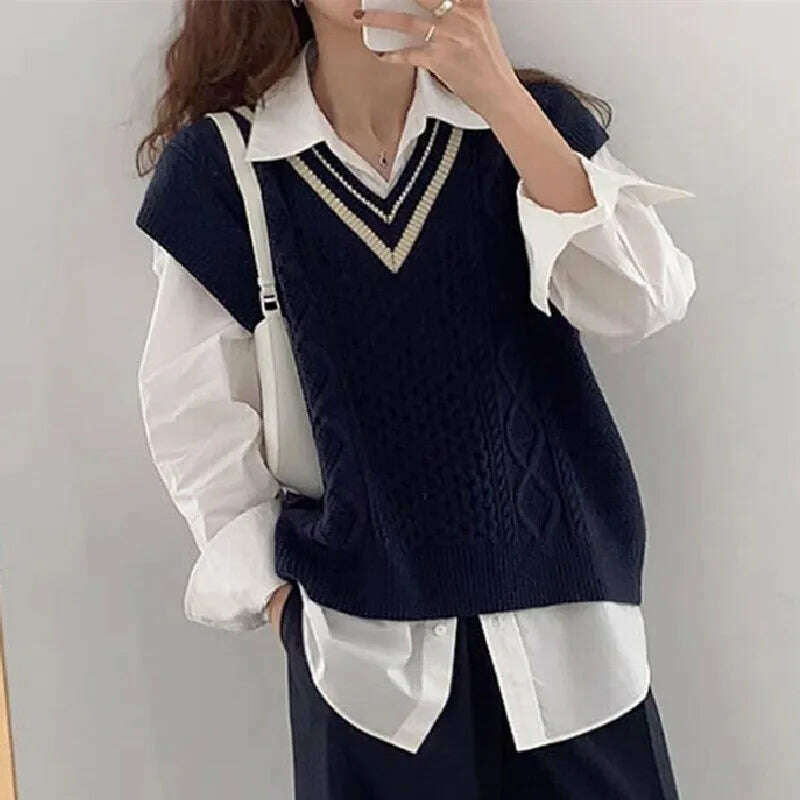 2024 Vintage V-Neck Cashmere Vest – College Style, Sleeveless Pullover - D&M Boutique