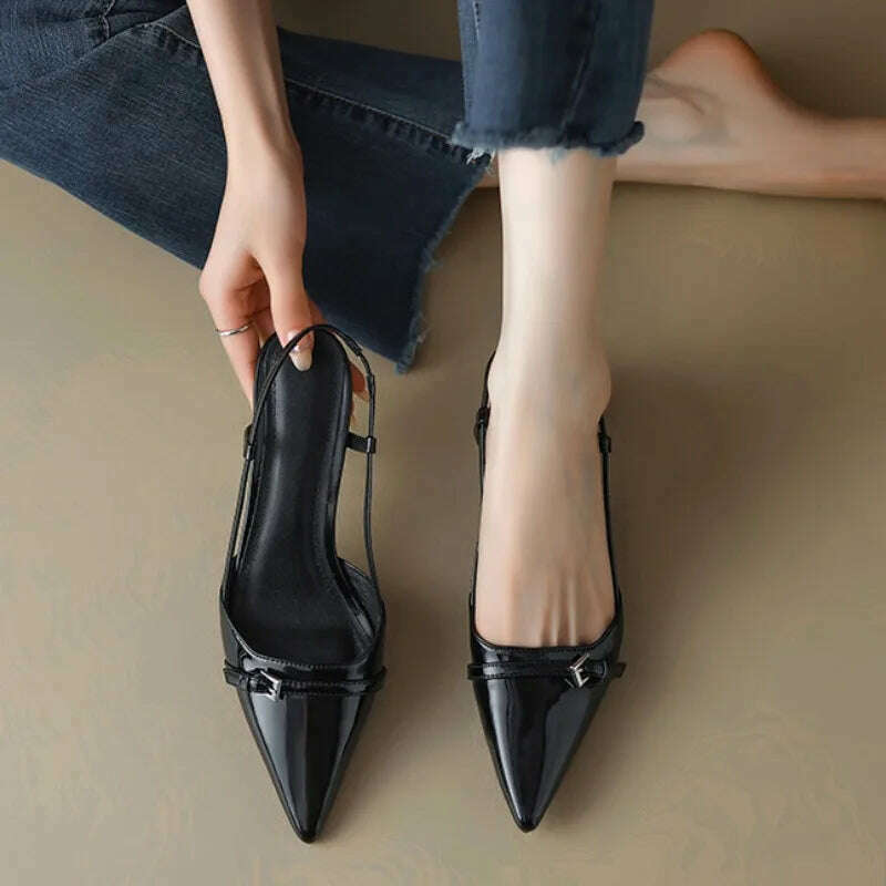 Patent Leather Pointed Toe Slingback Mid-Heel Sandal