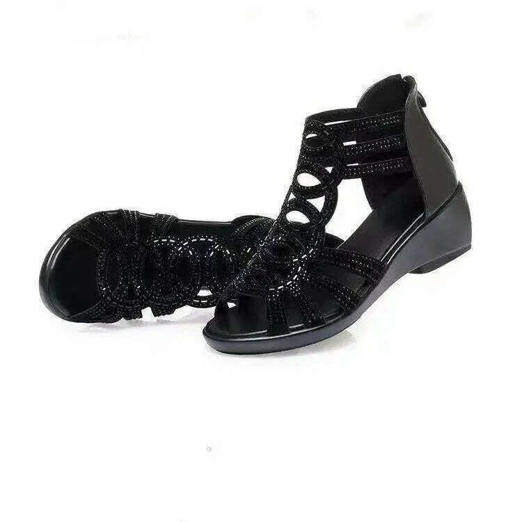 Soft Leather Roman Sandals - Chunky Heel Wedge Shoes