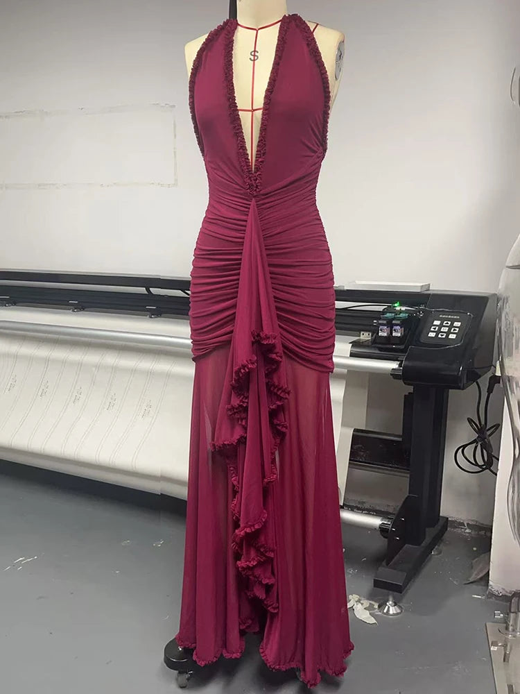 Mozision Elegant Halter Deep V Neck Sexy Maxi Dress Women Fashion Sleeveless Backless Ruched Evening Club Party Long Dress