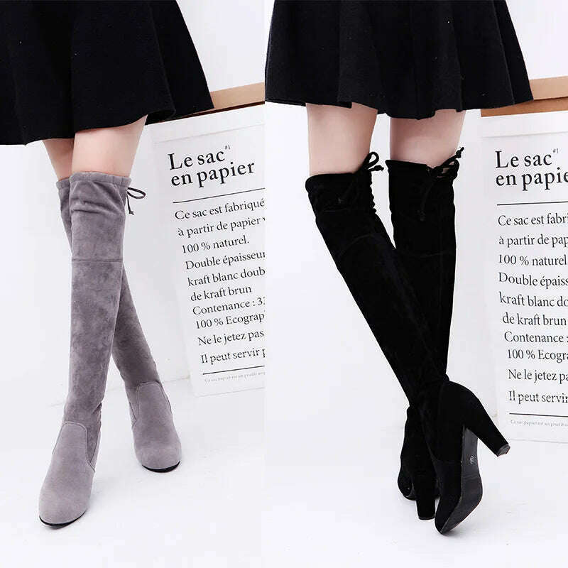 LINLING Faux Suede Over-the-Knee Lace-Up Boots