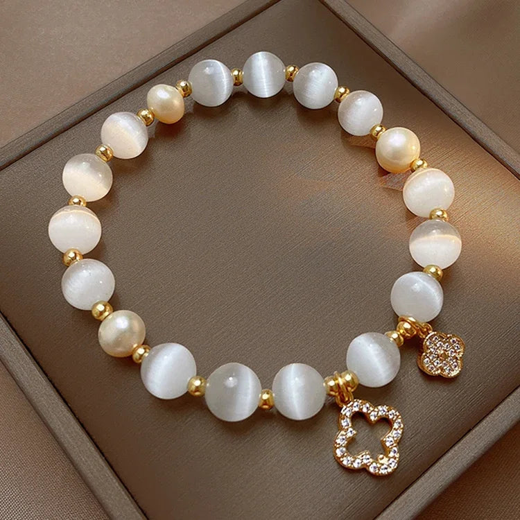 Kirykle Natural Crystal Bracelet for Women White Opal Stone Pearl Fashion Lucky Four-leaf Clover Women's Jewelry Bangles Gift