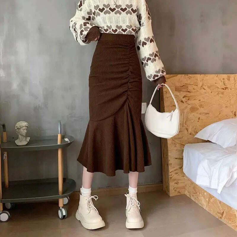Lucyever High Waist Midi Skirt – Slim Fit, Ruffles, Brown - D&M Boutique