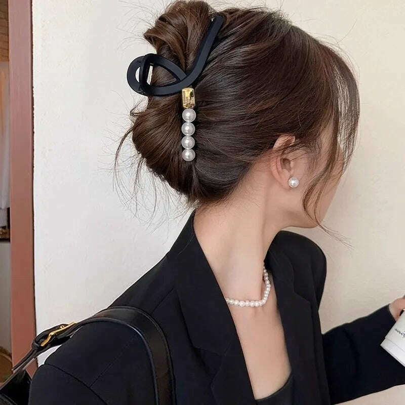 13cm Black Frosted Shark Hair Claw Clip with Pearl Detail