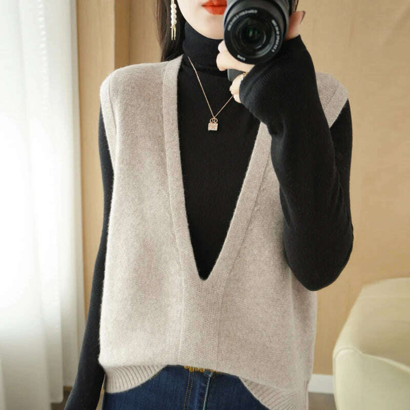 Autumn Knit V-Neck Vest – Loose, Solid, Stylish Layering - D&M Boutique