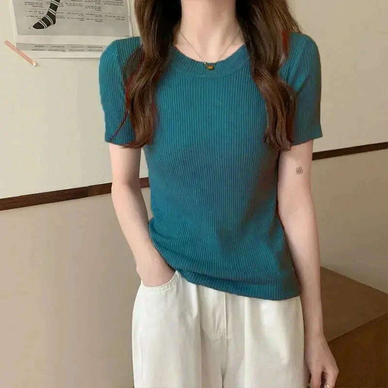 Knit Slim Short Sleeve T-Shirt: White/Green Crop Top - D&M Boutique