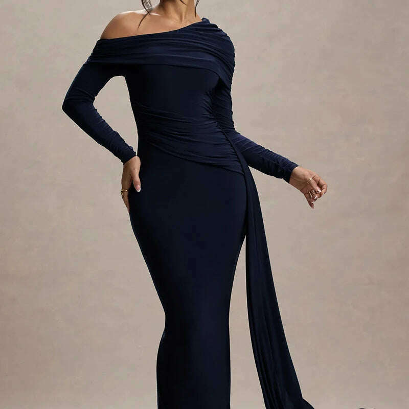 Mozision Skew Collar Long Sleeve Maxi Dress