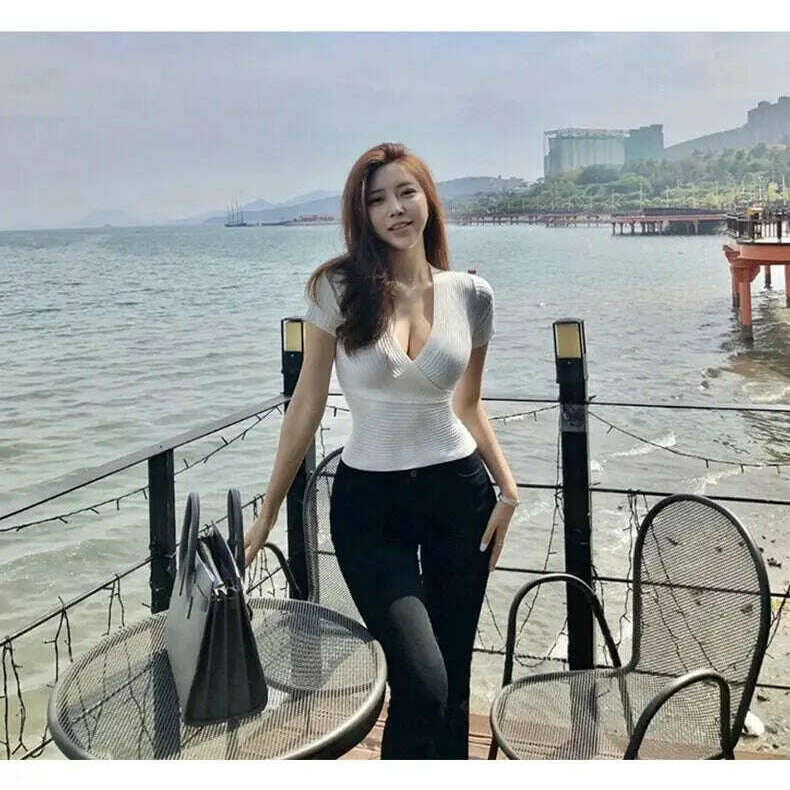 Deep V Knitted T-Shirt: Women's Summer Korean Fashion Tee - D&M Boutique