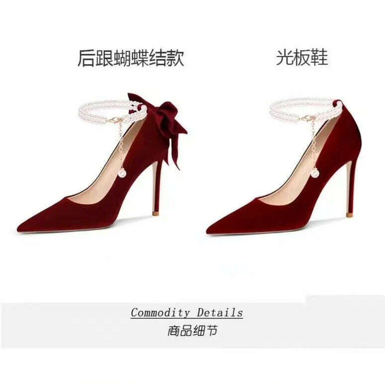 Red Xiuhe wedding shoes new pointy stiletto high heels female shallow mouth bow pearl one word buckle strap two wear bride shoes
